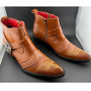 Alfa Western-Tan Leather Ankle Boots, Harley Davidson Eagle Medallion, Mens 6.5